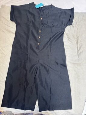 Womens Black Short Sleeve Button Front Jumpsuit
